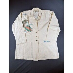 VTG Hari Casuals 100% Cotton Cream Midi Fish Motif Made In USA Beach Cover Tunic